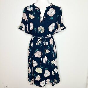 LOFT Womens Navy Blue Floral Tie-Waist Dress Knee Length Size S EUC